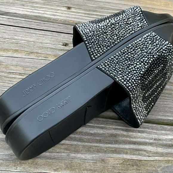 Jimmy Choo Slide Sandal Logo Crystal-Studded Rubber upper Flat Platform Italy 39 - Picture 9 of 12